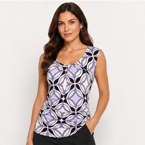 New York & Company Tank Top XS Purple Geometric Ruched Sleeveless Blouse Office